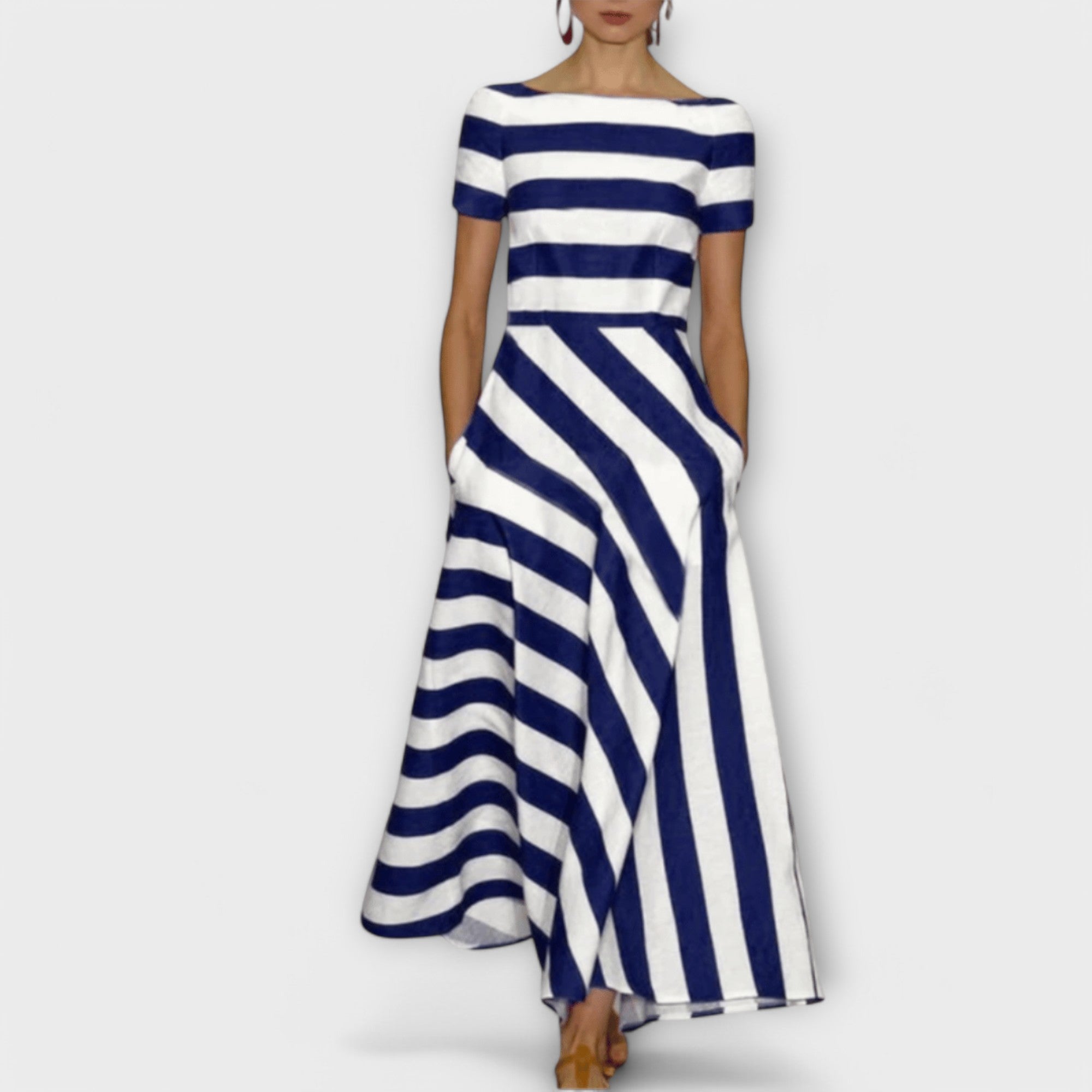 Vestido Largo de Rayas con Cuello Barco y Bolsillos para Mujer