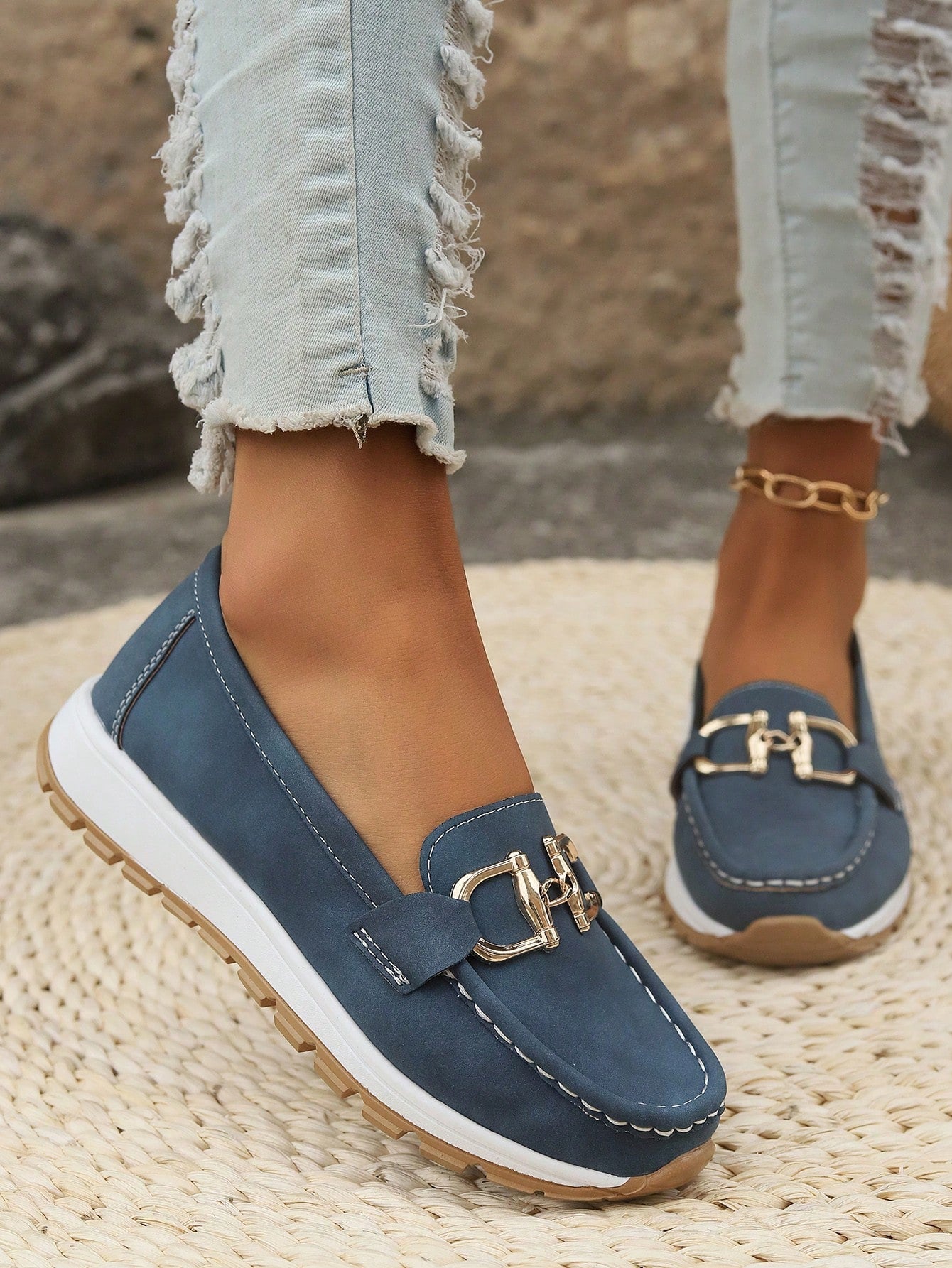 Flat Loafers with Link Buckle and Rubber Sole for Women