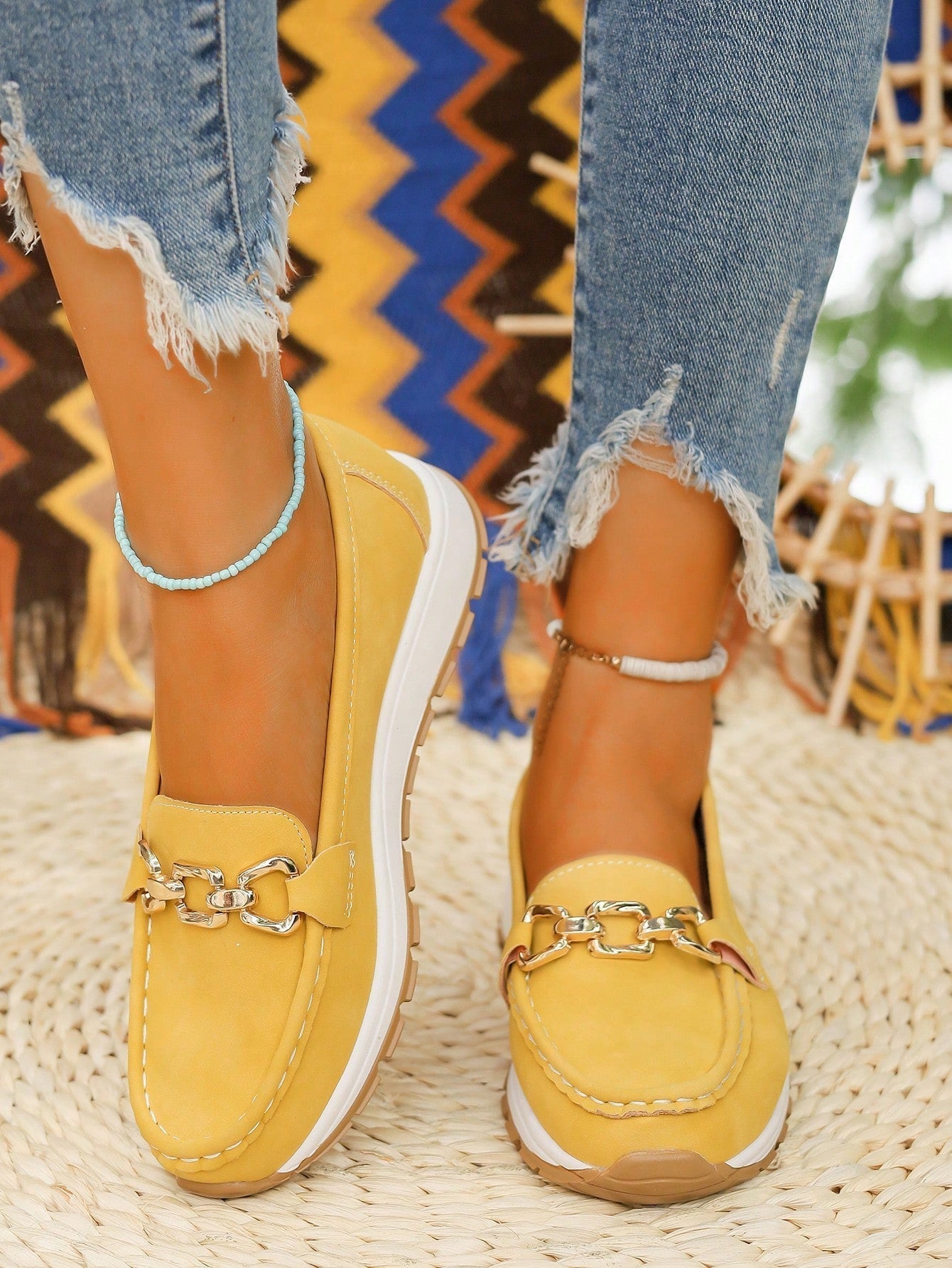 Flat Loafers with Link Buckle and Rubber Sole for Women