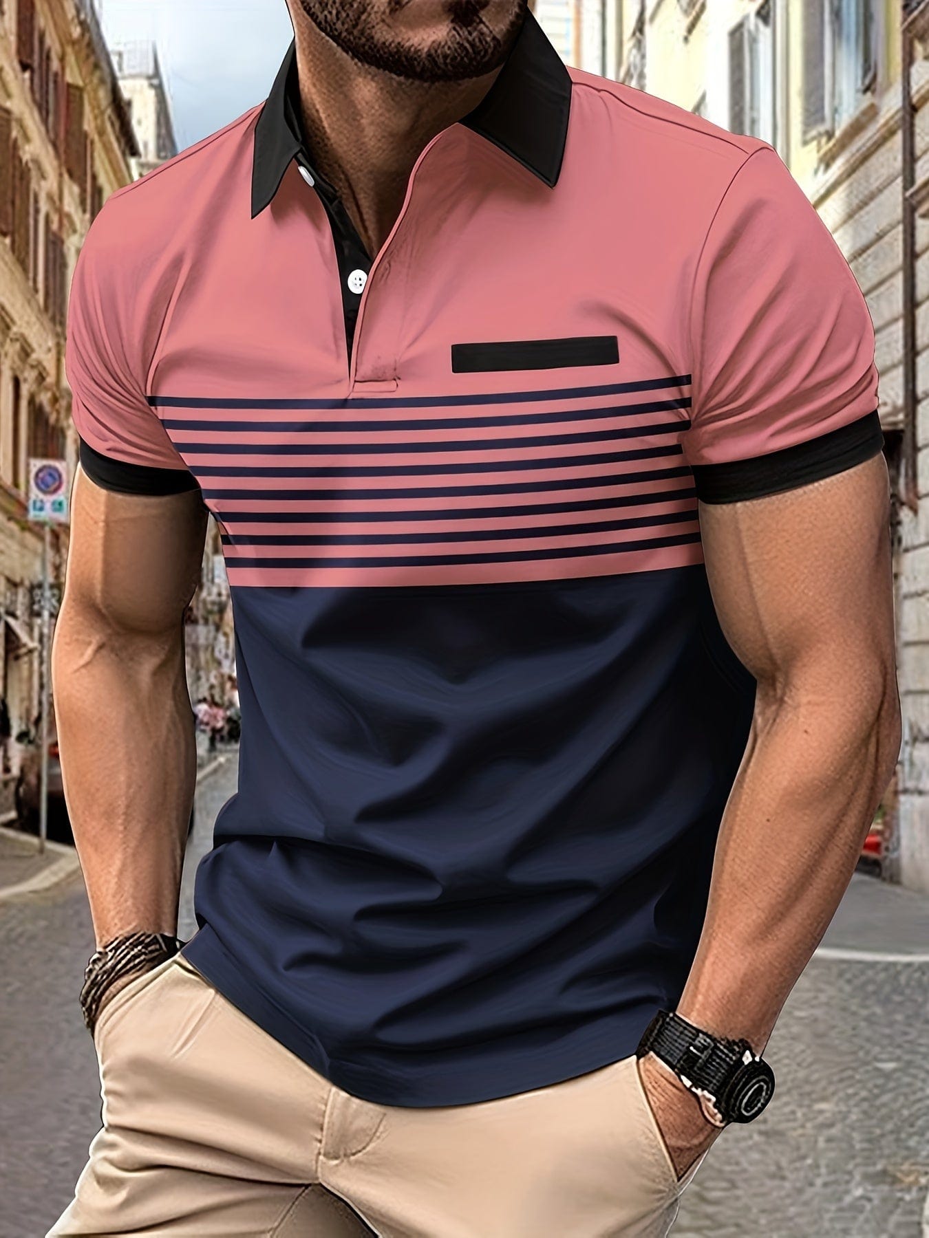 Polo de rayas de manga corta para hombre con cuello de botones y corte regular