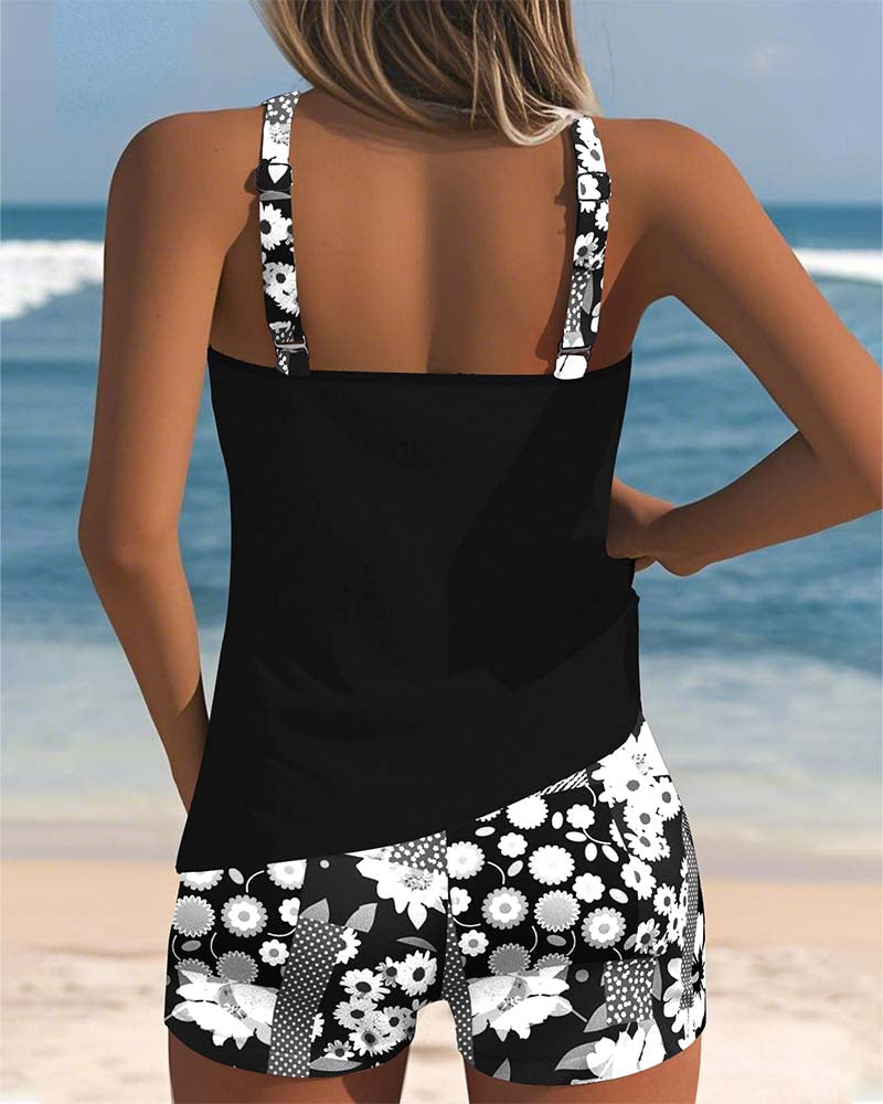 Bañador Tankini de Dos Piezas Estampado de Flores Top sin Mangas y Pantalones Cortos