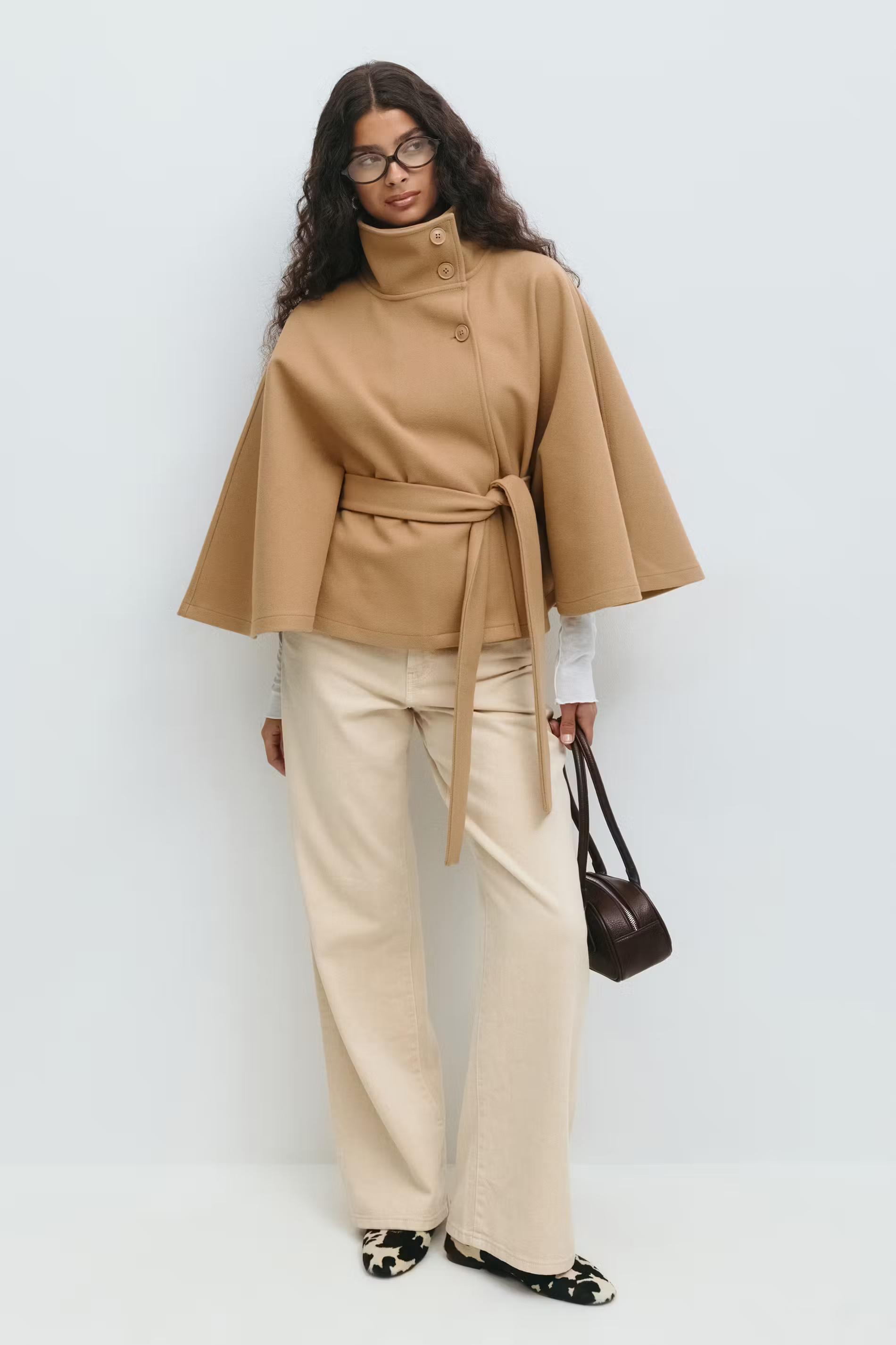 Veste cape avec col montant et ceinture ajustable pour femme