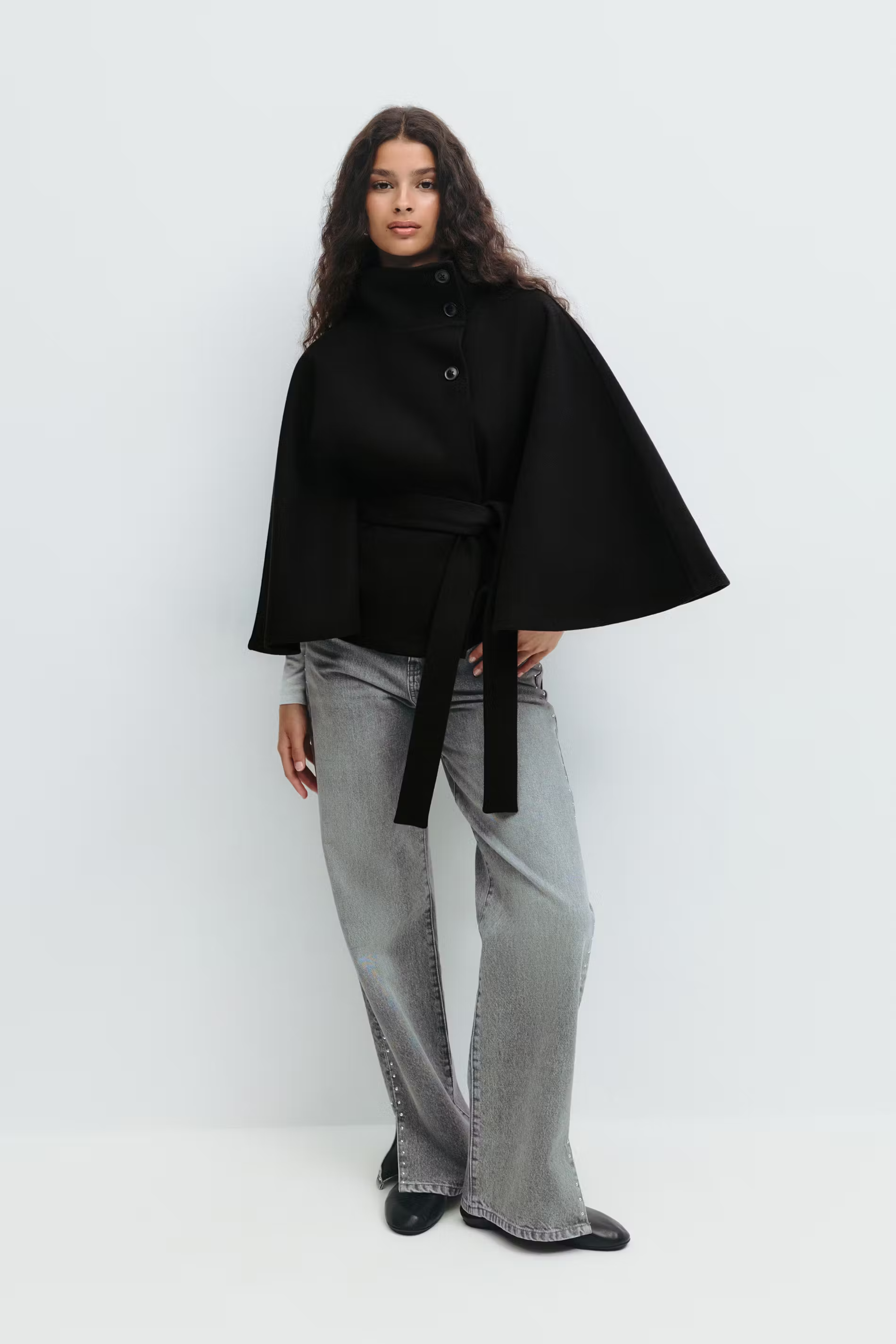 Veste cape avec col montant et ceinture ajustable pour femme