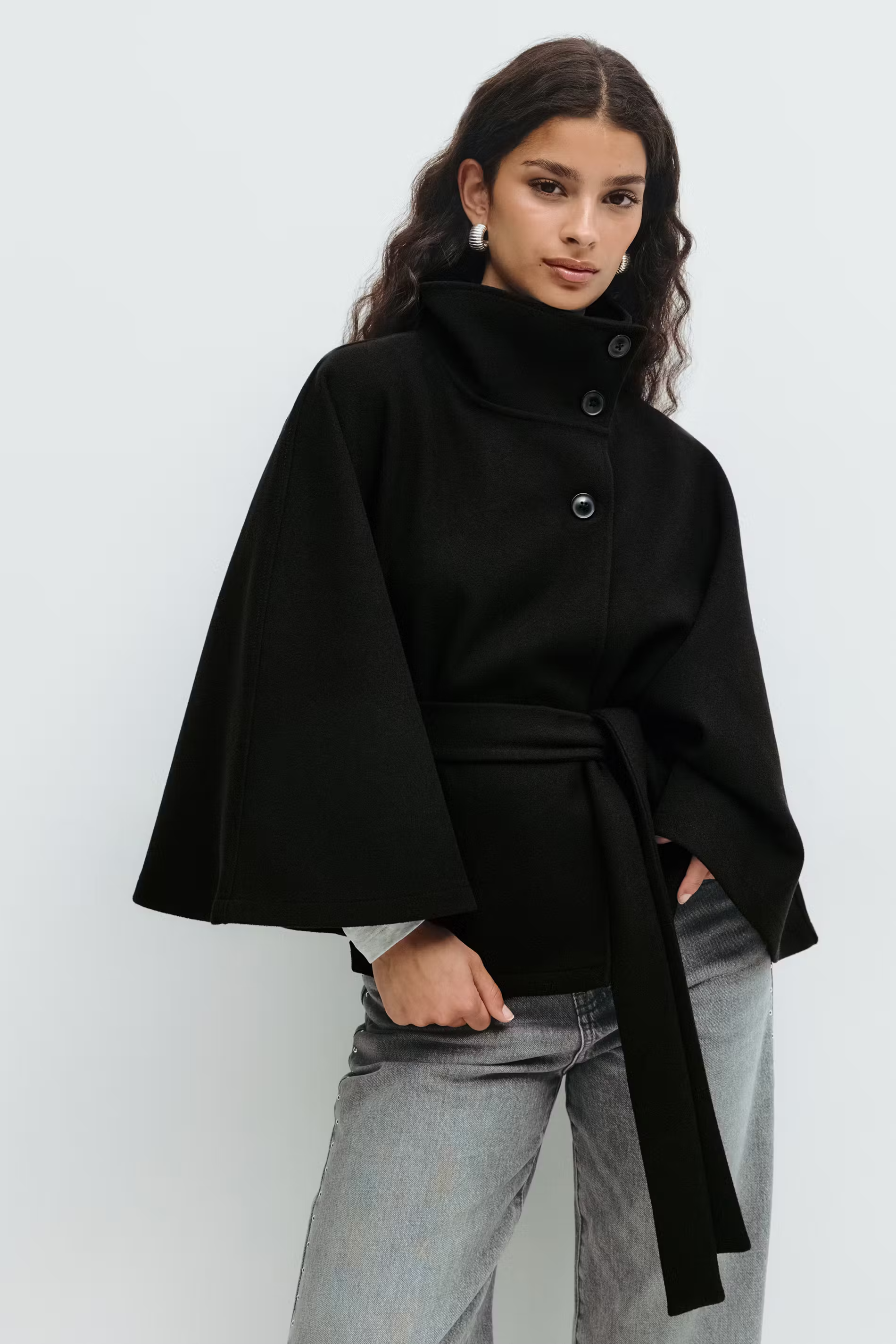 Veste cape avec col montant et ceinture ajustable pour femme