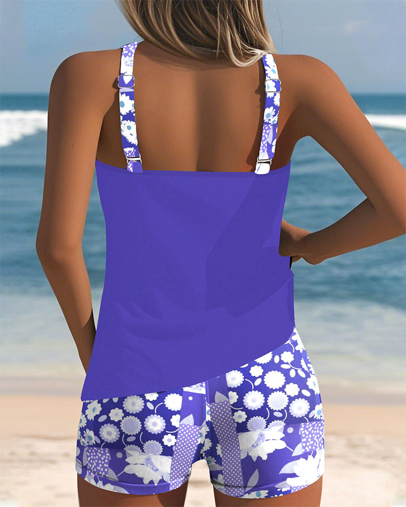 Bañador Tankini de Dos Piezas Estampado de Flores Top sin Mangas y Pantalones Cortos