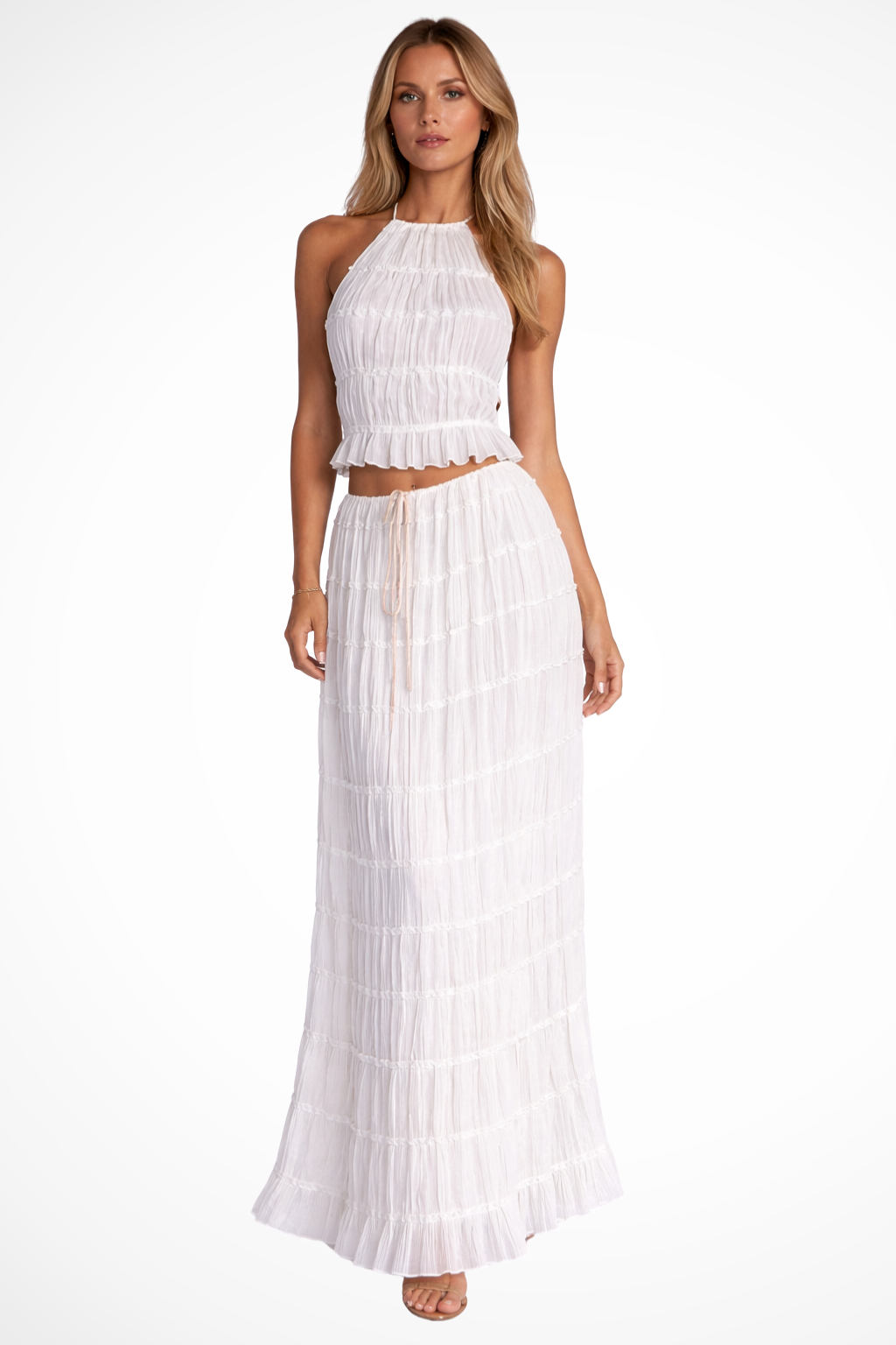 Two-Piece Women's Set with Ruched Halter Top and Flowing Long Skirt