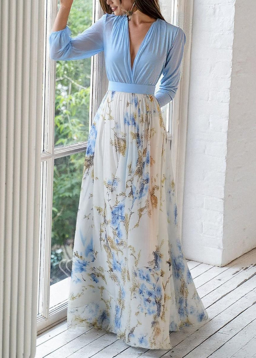 Vestido Largo de Poliéster con Estampado Floral Cuello en V y Manga Larga para Mujer
