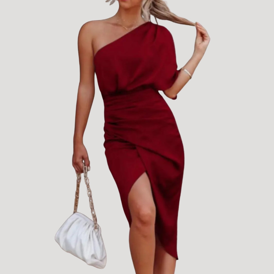 Satin Wedding Guest Dress with Asymmetric Neckline and Crossed Skirt