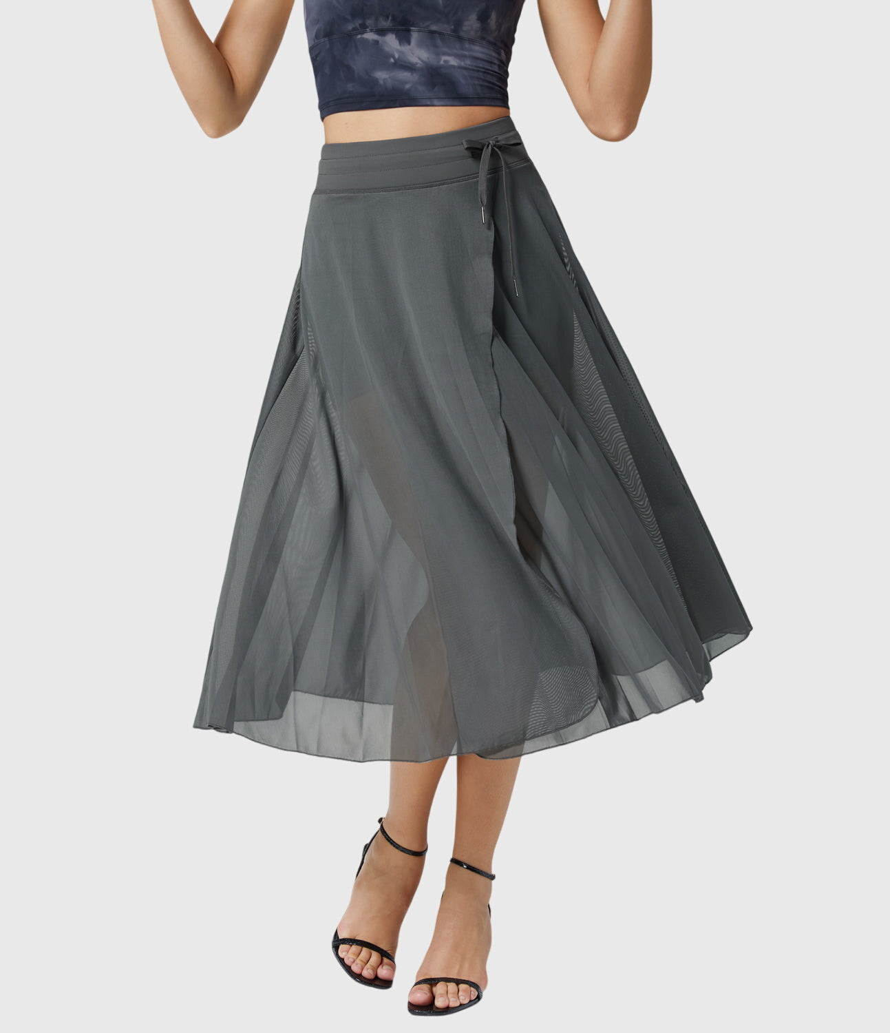 Jupe midi évasée taille haute pour femme avec cordon ajustable