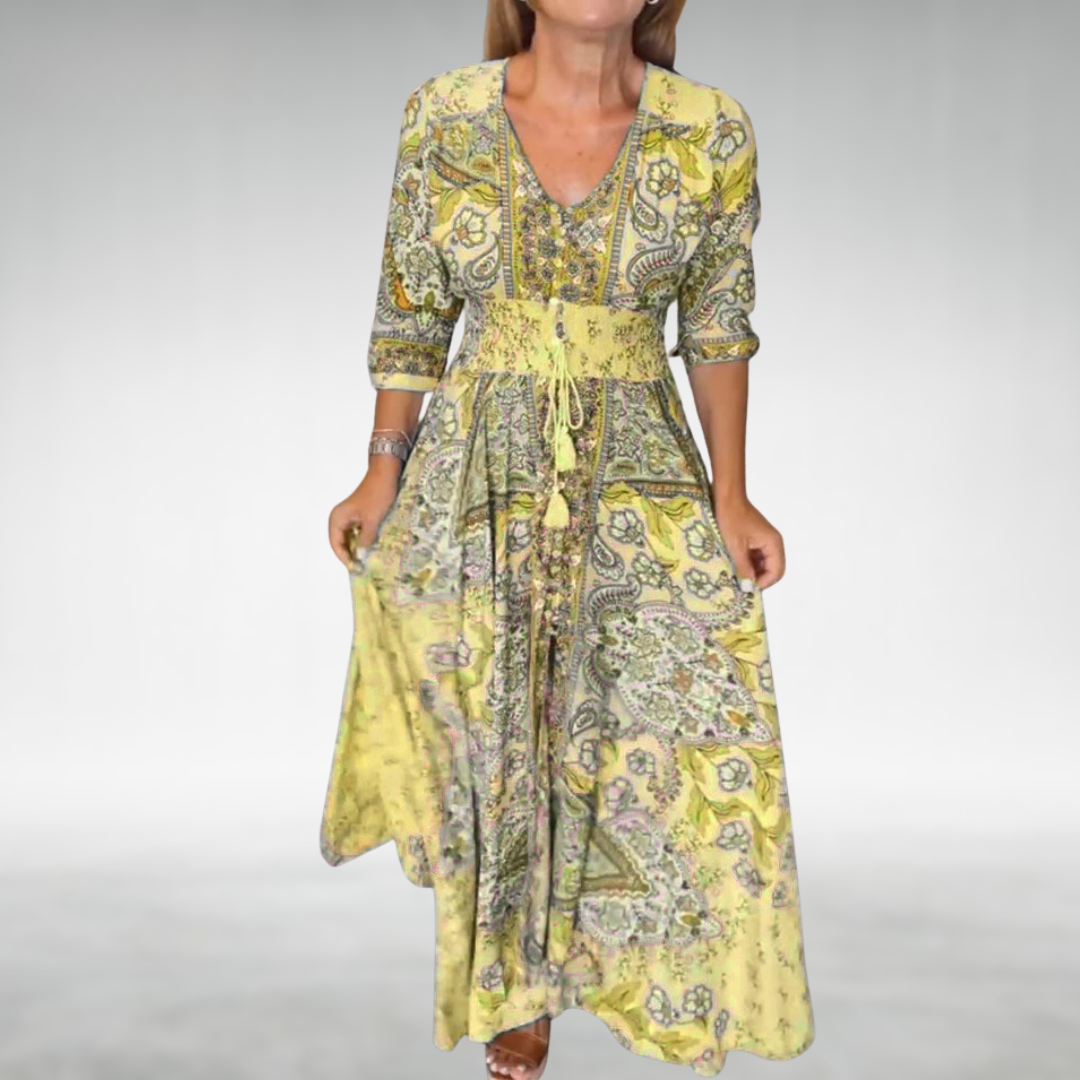 Vestido Maxi de Estilo Bohemio con Cuello en V y Cintura Elástica para Mujer
