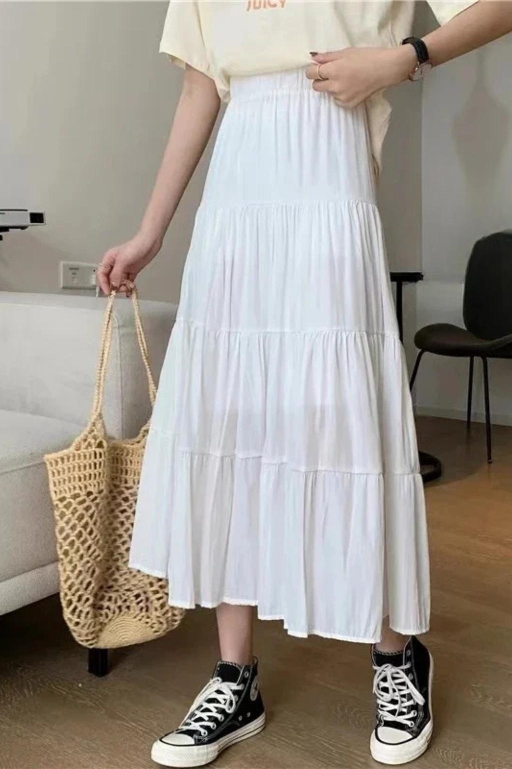 Jupe longue taille haute avec panneaux à volants pour femme