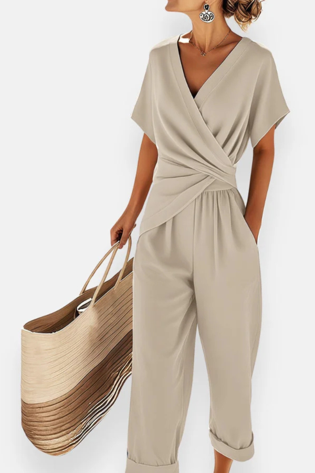 Women's Long Jumpsuit with Crossed Front, Short Sleeves, and Cropped Pants with Pockets