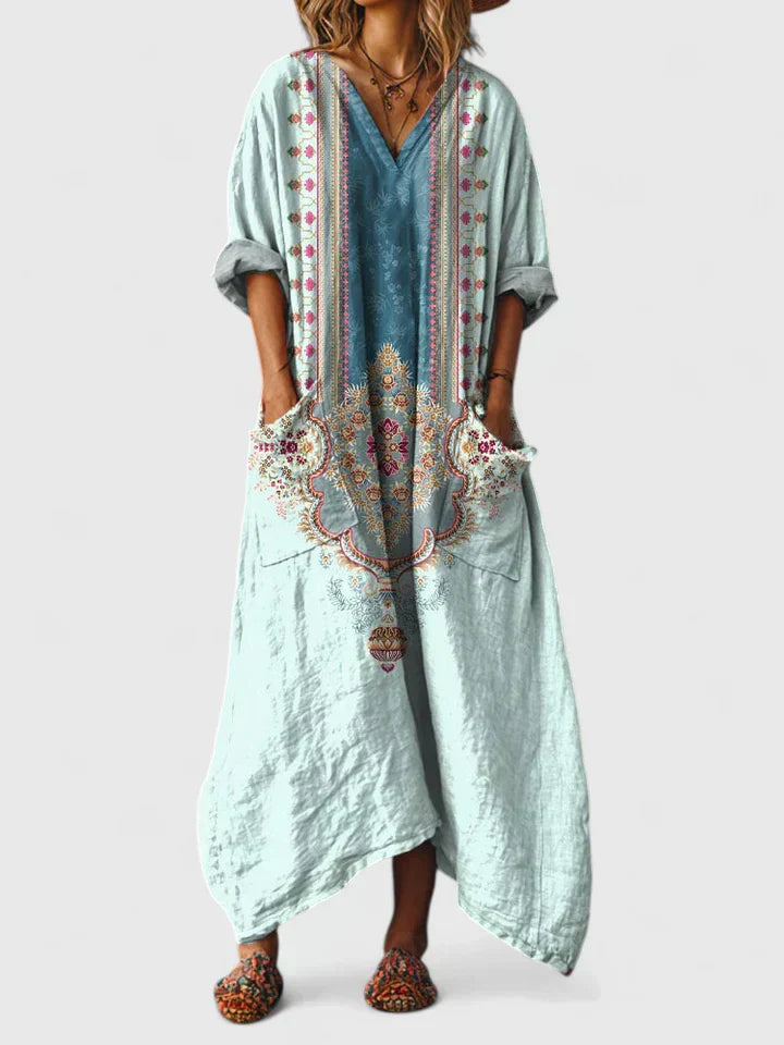 Robe longue pour femme avec col en V et imprimé floral style vintage