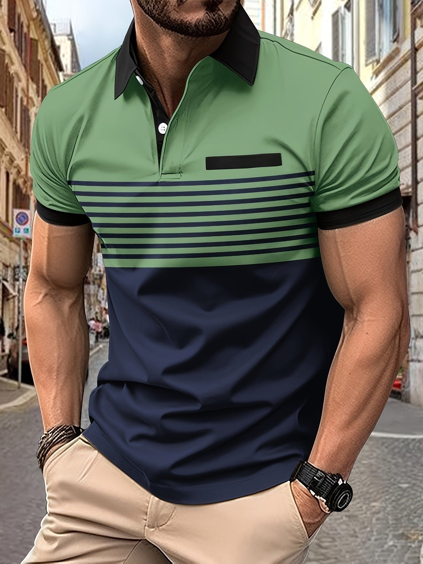 Polo de rayas de manga corta para hombre con cuello de botones y corte regular