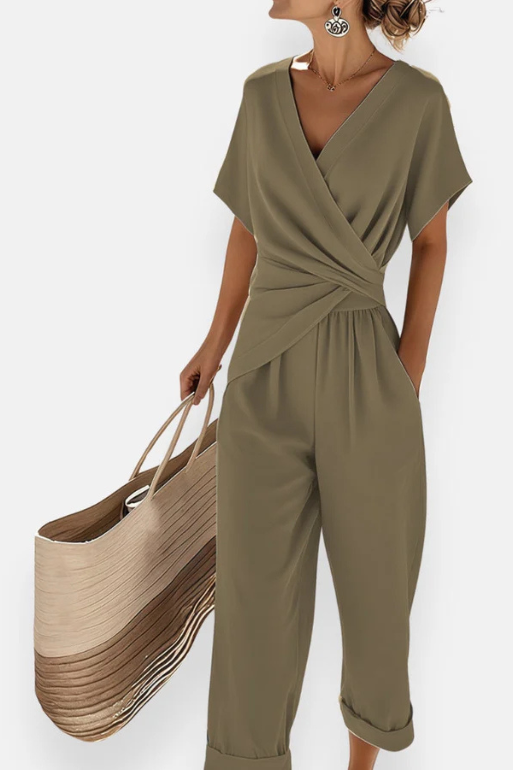 Women's Long Jumpsuit with Crossed Front, Short Sleeves, and Cropped Pants with Pockets