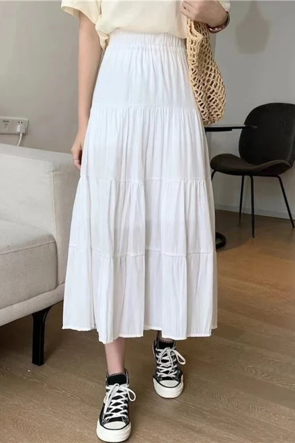Jupe longue taille haute avec panneaux à volants pour femme