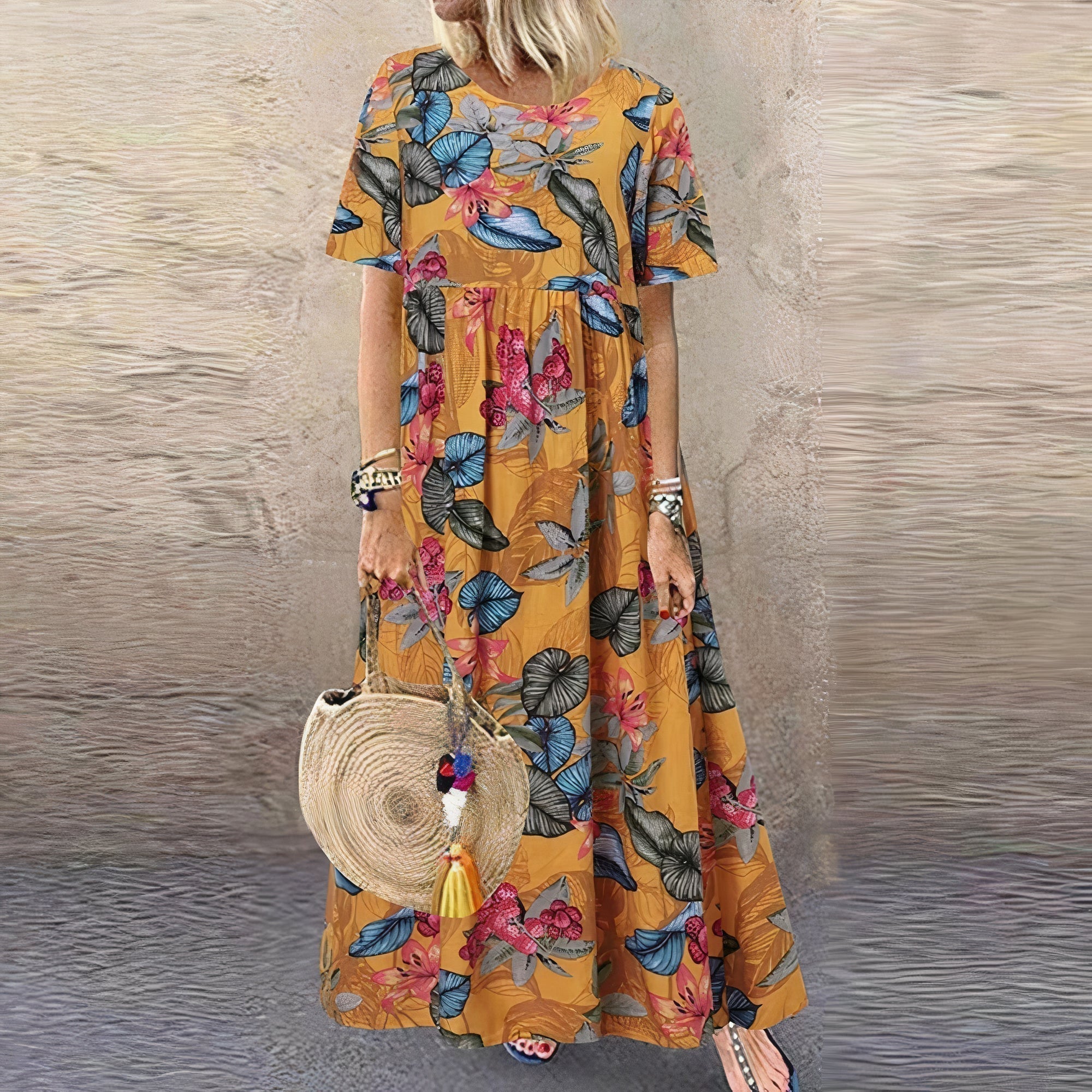 Rochie lungă cu guler rotund și imprimeu floral vibrant pentru femei