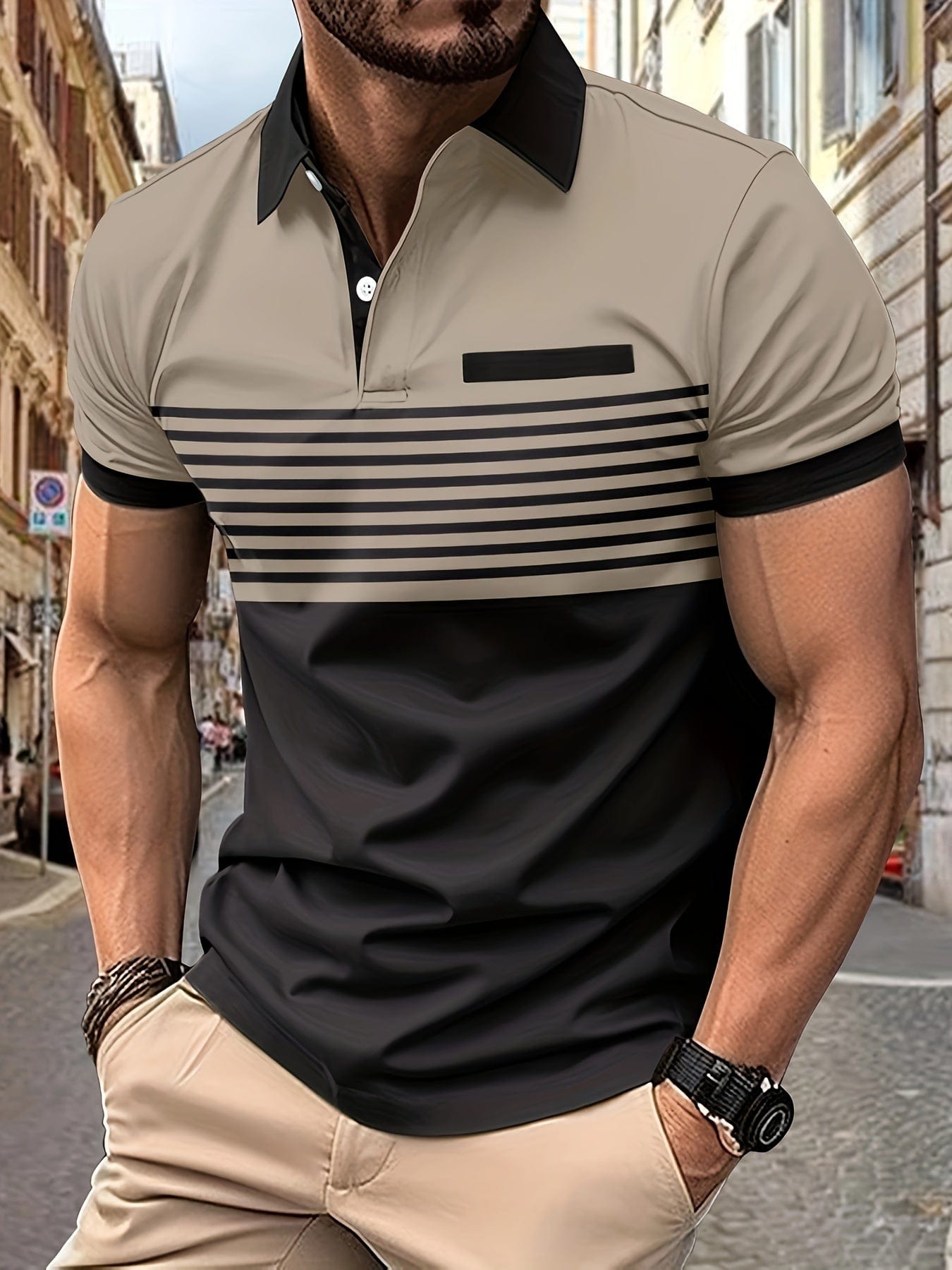 Polo de rayas de manga corta para hombre con cuello de botones y corte regular