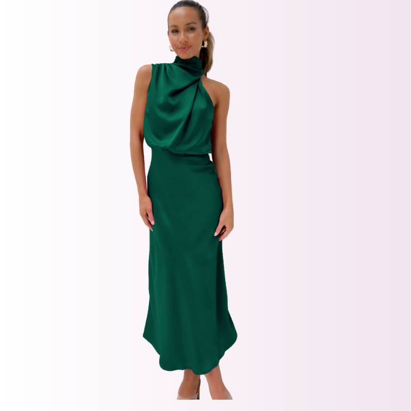 Vestido de Noche de Satén Largo sin Mangas con Cuello Alto para Mujer