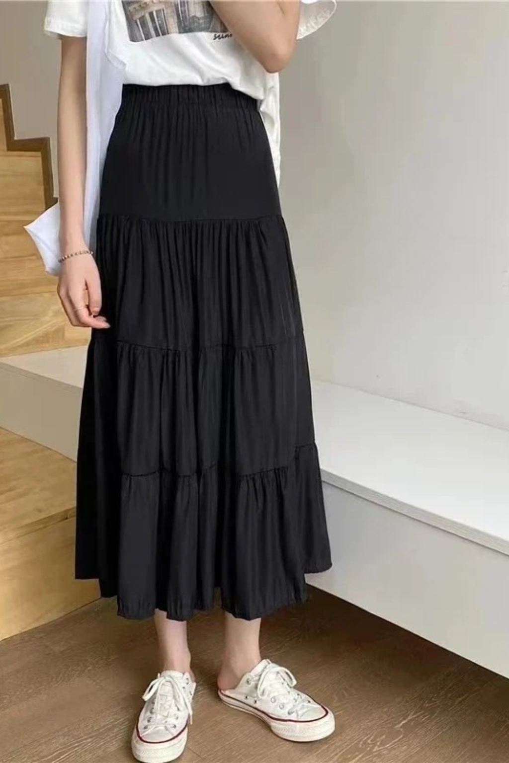 Jupe longue taille haute avec panneaux à volants pour femme