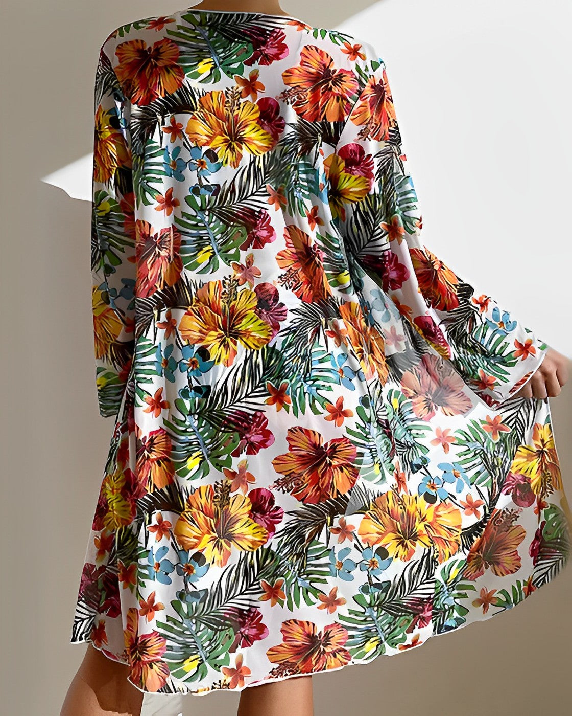 Bikini 3 pièces pour femme avec imprimé botanique et kimono de plage