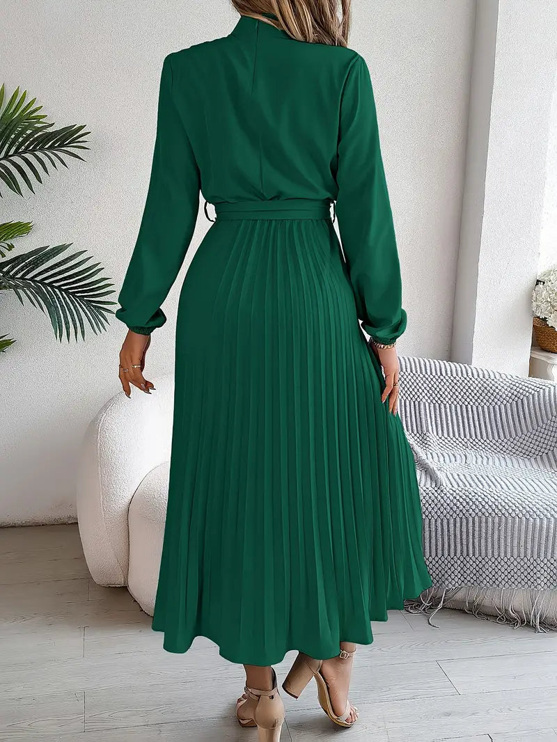 Vestido Longo Plissado de Manga Comprida com Gola Alta e Cinto para Mulher