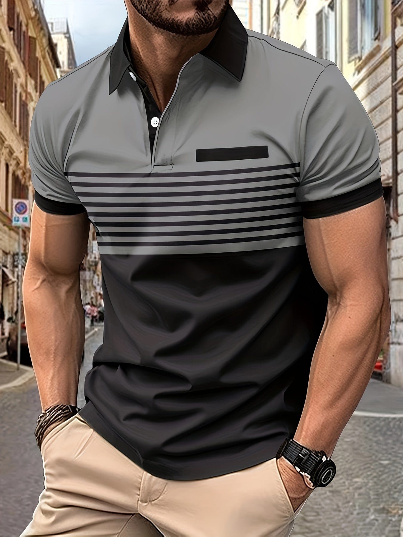 Polo de rayas de manga corta para hombre con cuello de botones y corte regular