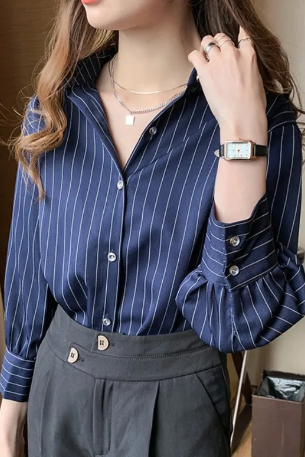 Camisa de Rayas para Mujer Manga Larga con Cuello de Solapa y Botones