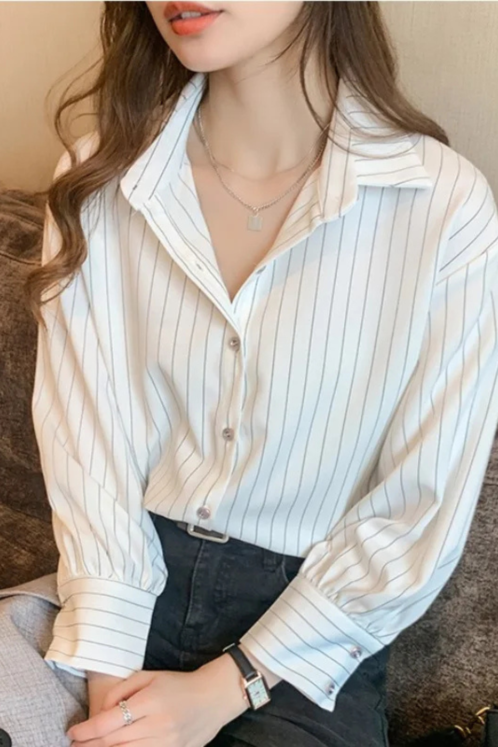 Camisa de Rayas para Mujer Manga Larga con Cuello de Solapa y Botones