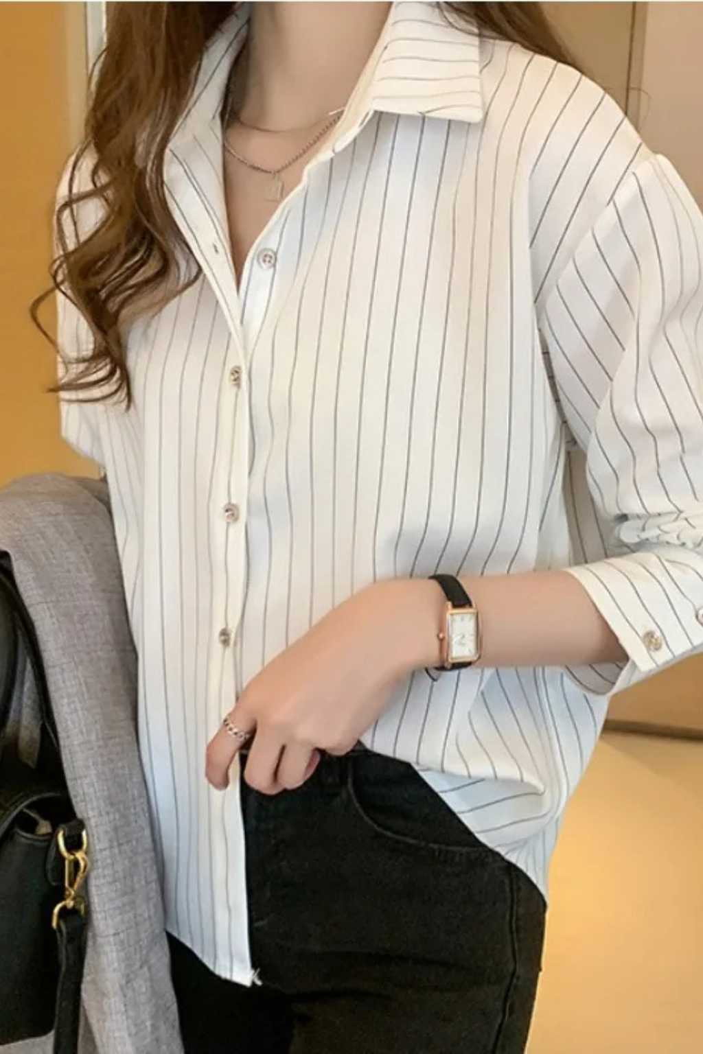 Camisa de Rayas para Mujer Manga Larga con Cuello de Solapa y Botones
