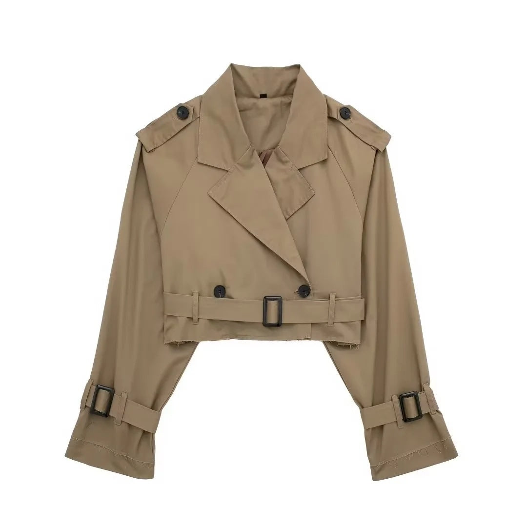 Gabardina Corta para Mujer Chaqueta Cropped de Doble Botonadura con Cinturón
