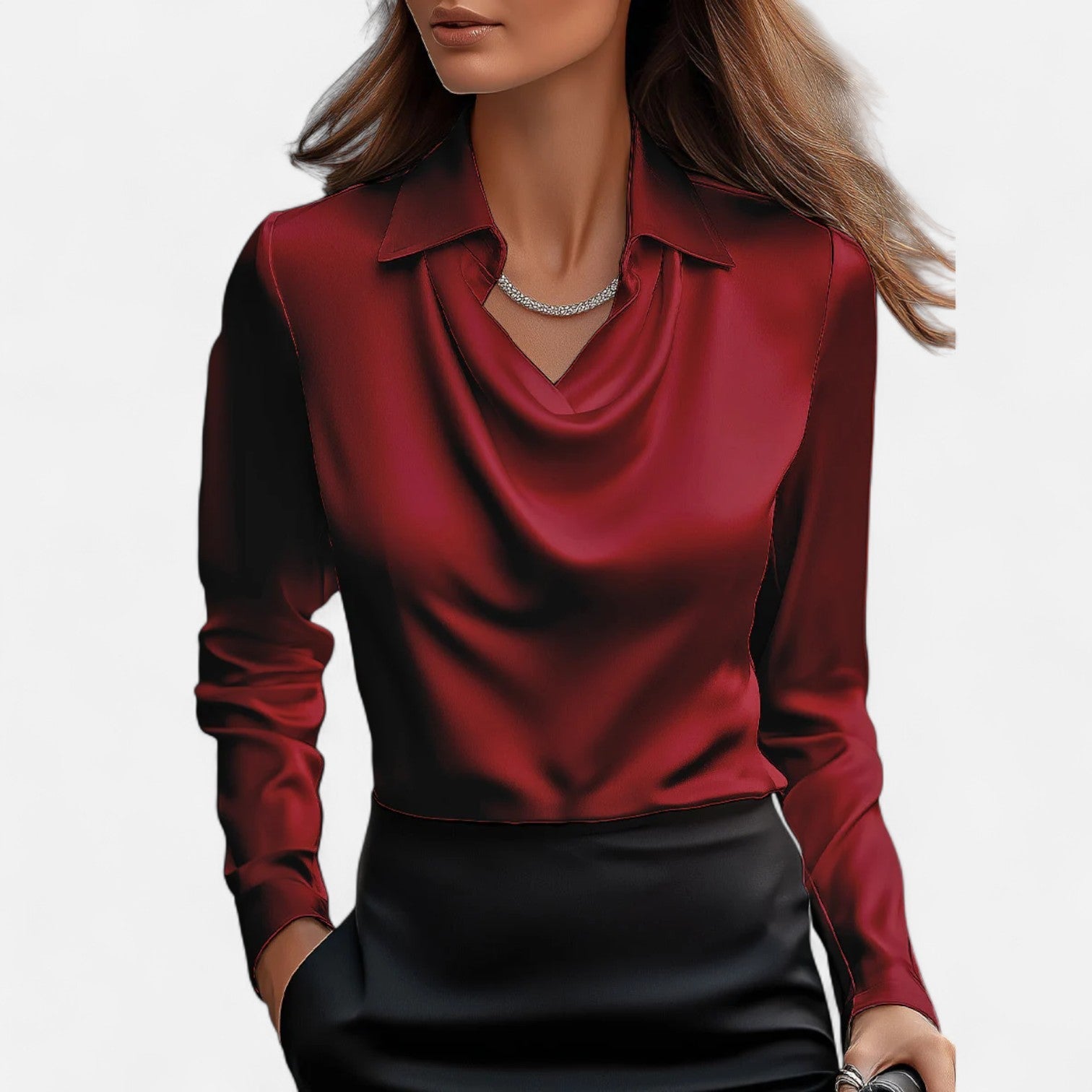 Blusa de satén con escote drapeado para mujer — oficina y eventos