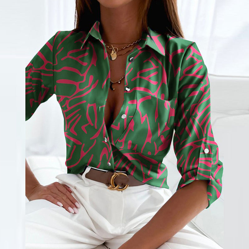 Camisa de satén para mujer — Estampado gráfico y ajuste entallado para oficina