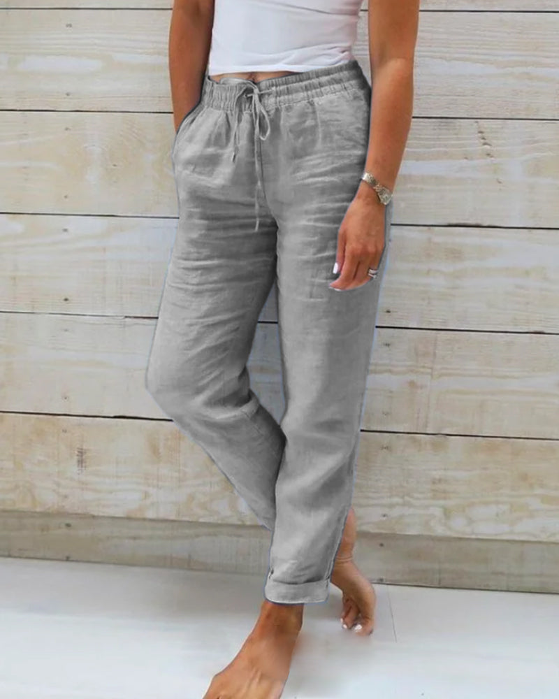 Pantalones de lino y algodón para mujer — Rectos con cintura elástica casual&nbsp;