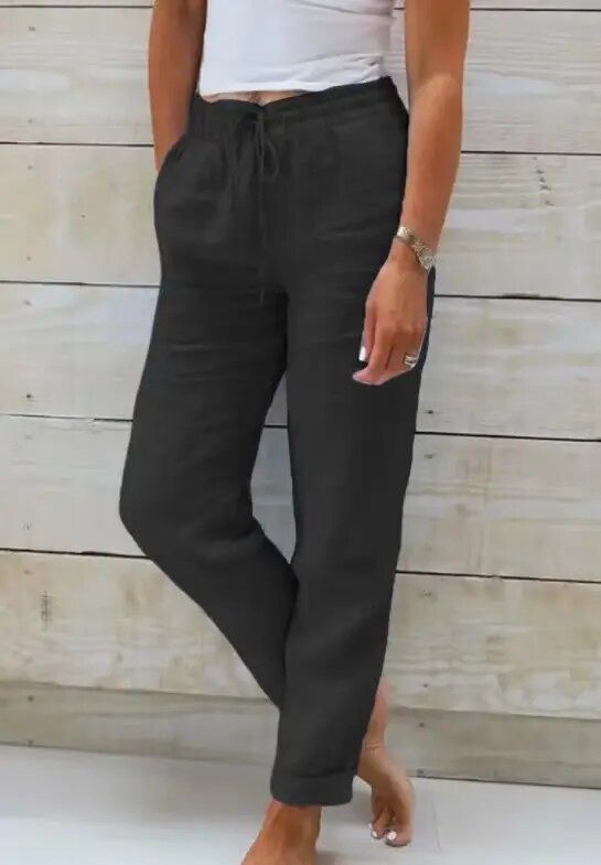 Pantalones de lino y algodón para mujer — Rectos con cintura elástica casual&nbsp;