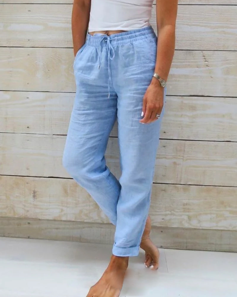 Pantalones de lino y algodón para mujer — Rectos con cintura elástica casual&nbsp;