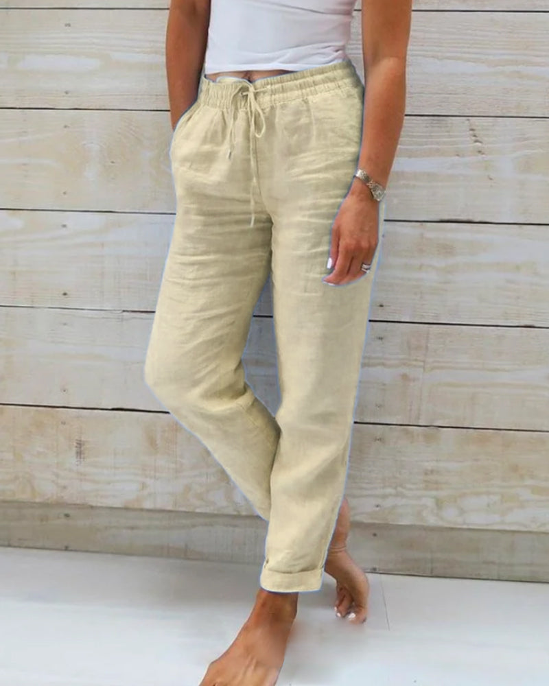 Pantalones de lino y algodón para mujer — Rectos con cintura elástica casual&nbsp;