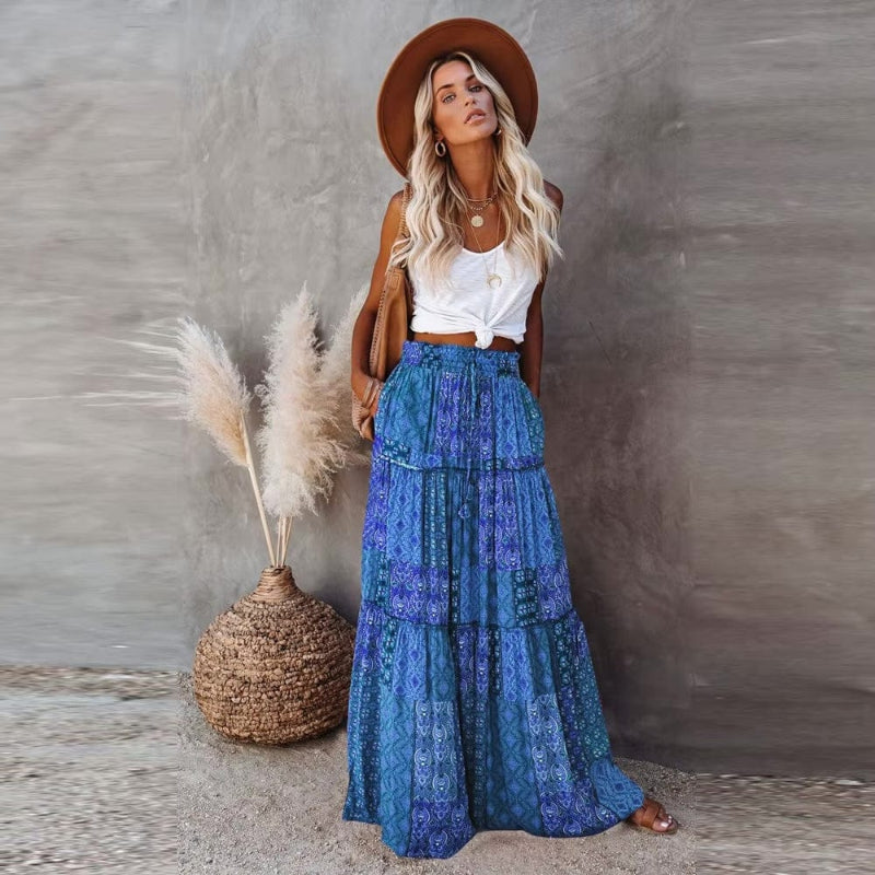 Gonna maxi da donna con stampa floreale e vita alta — spiaggia