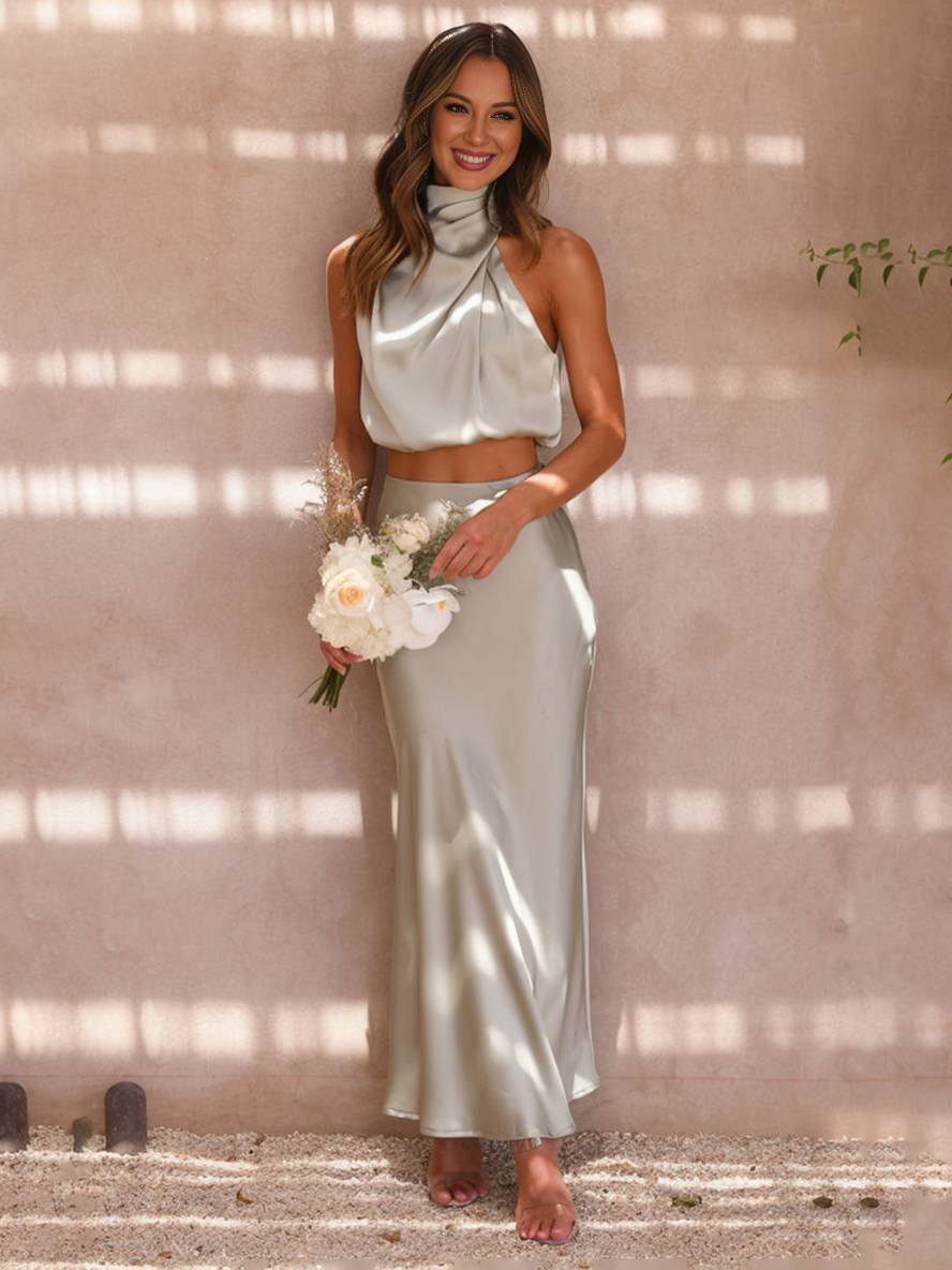 Set de două piese pentru femei cu top halter din satin și fustă maxi