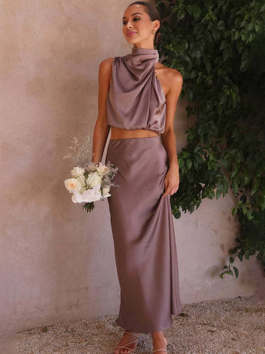 Set de două piese pentru femei cu top halter din satin și fustă maxi