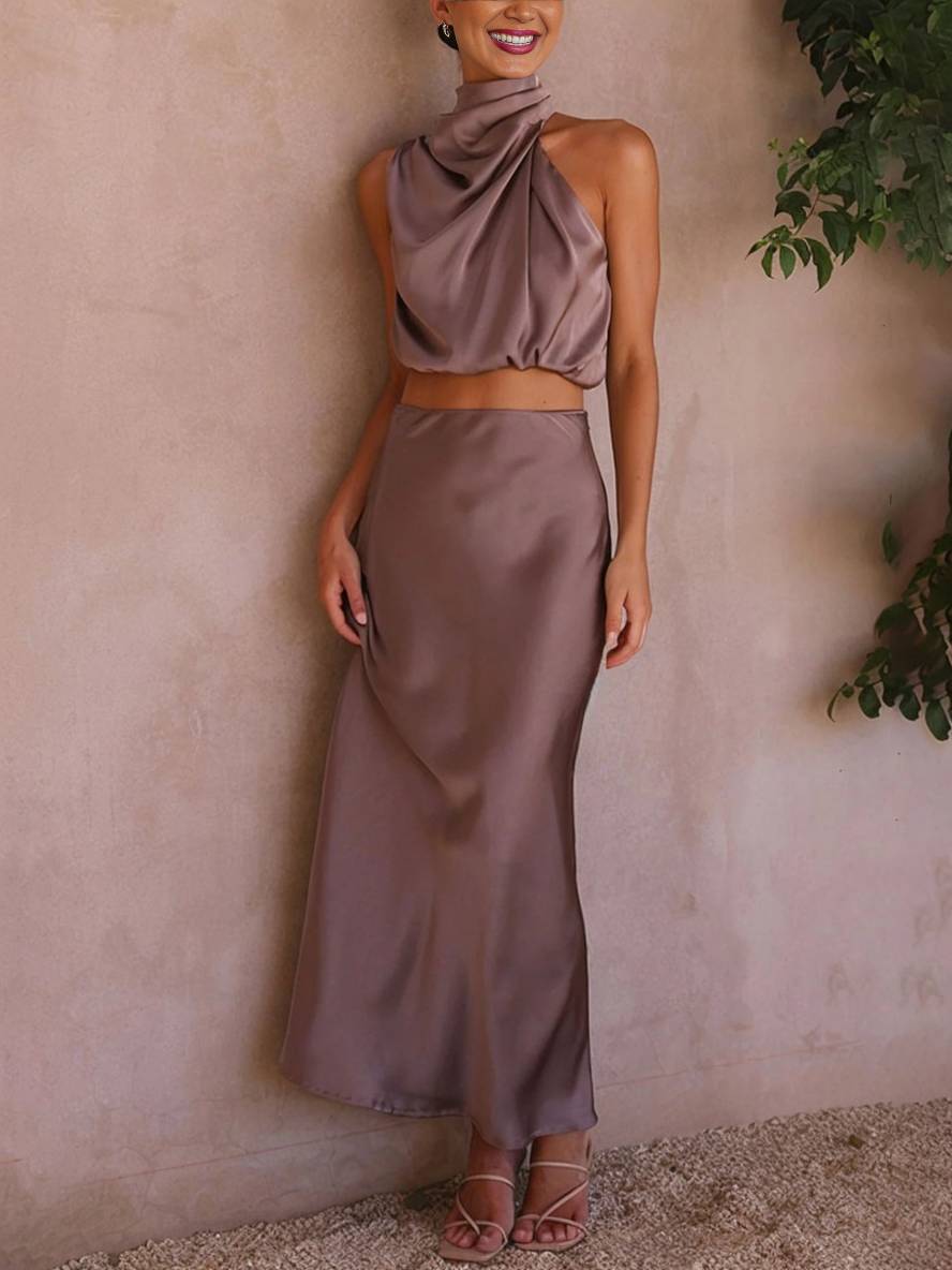 Set de două piese pentru femei cu top halter din satin și fustă maxi