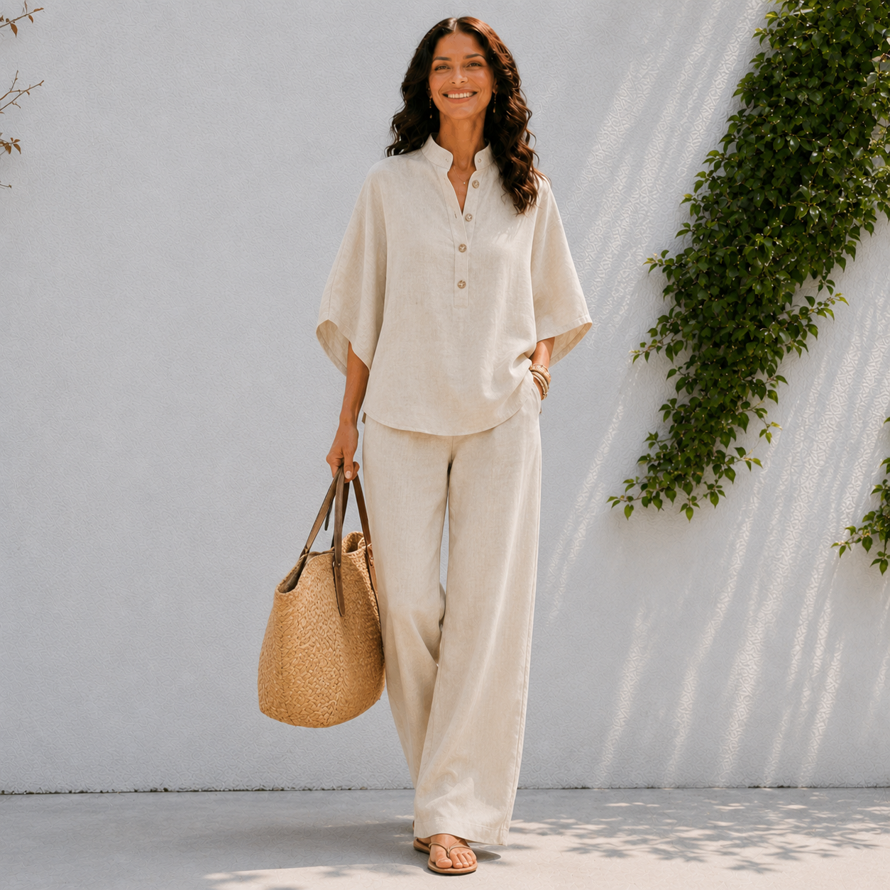 Ensemble deux pièces pour femme - chemise boutonnée et pantalon large décontracté