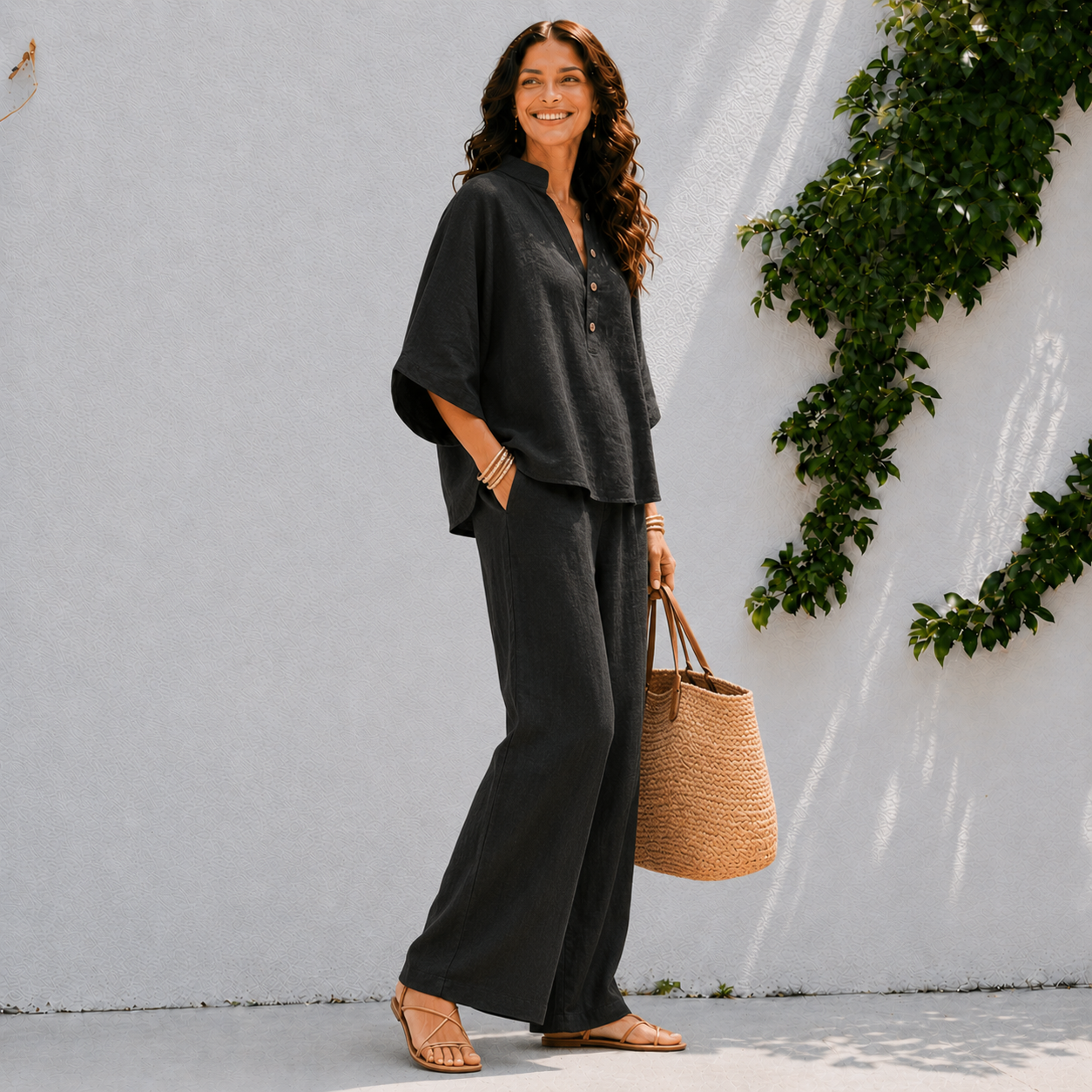 Ensemble deux pièces pour femme - chemise boutonnée et pantalon large décontracté