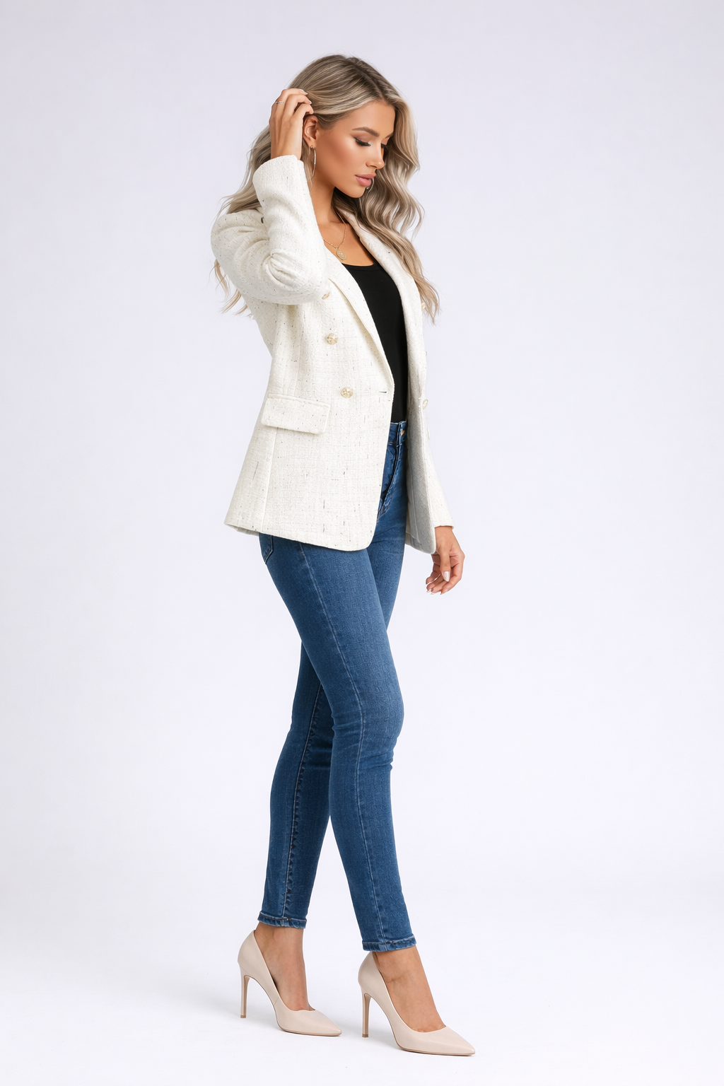 Blazer Entallado de Estilo Tweed con Doble Botonadura y Solapas para Mujer