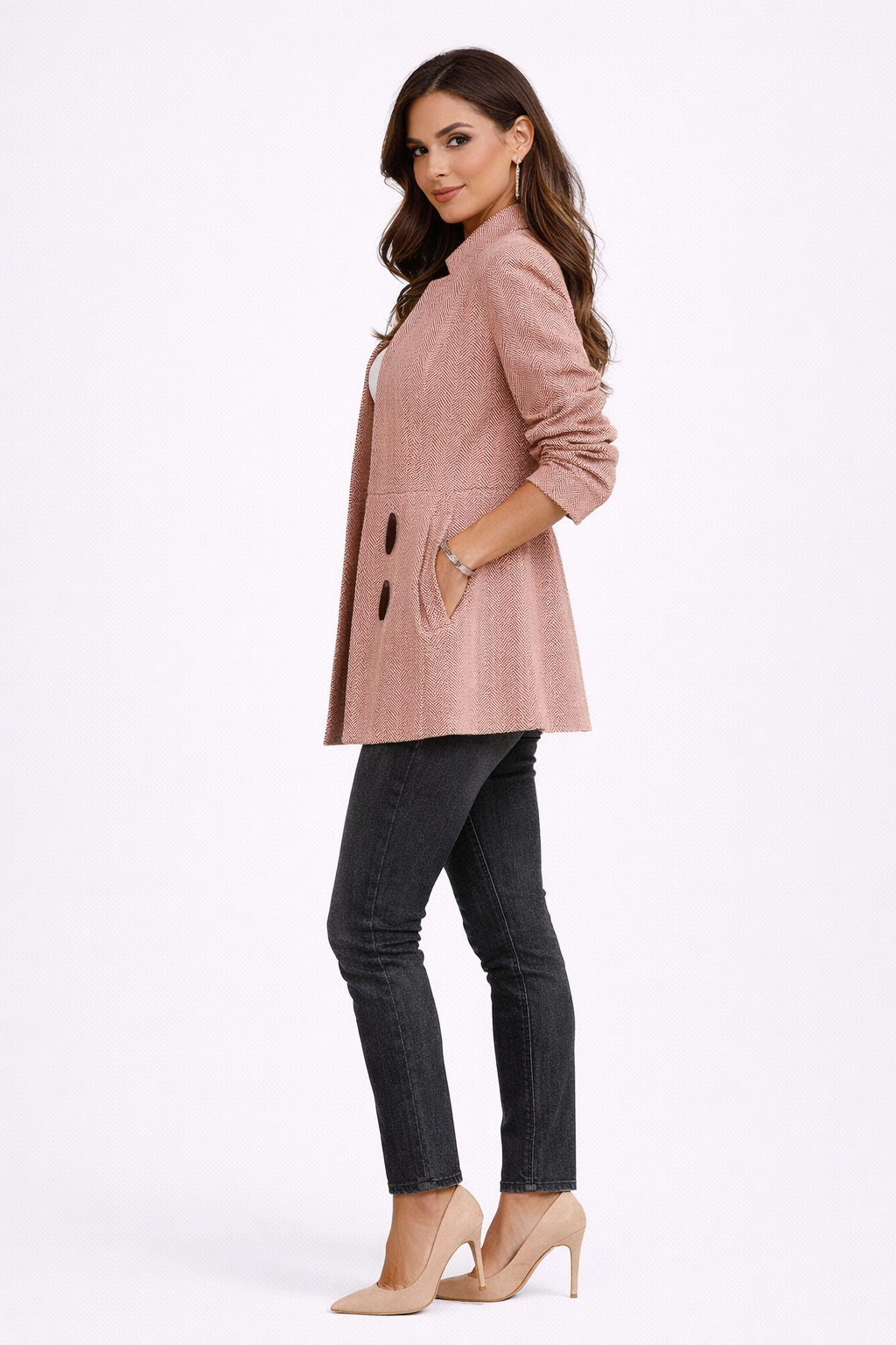 Blazer long cintré avec structure en chevrons et revers crantés pour femme