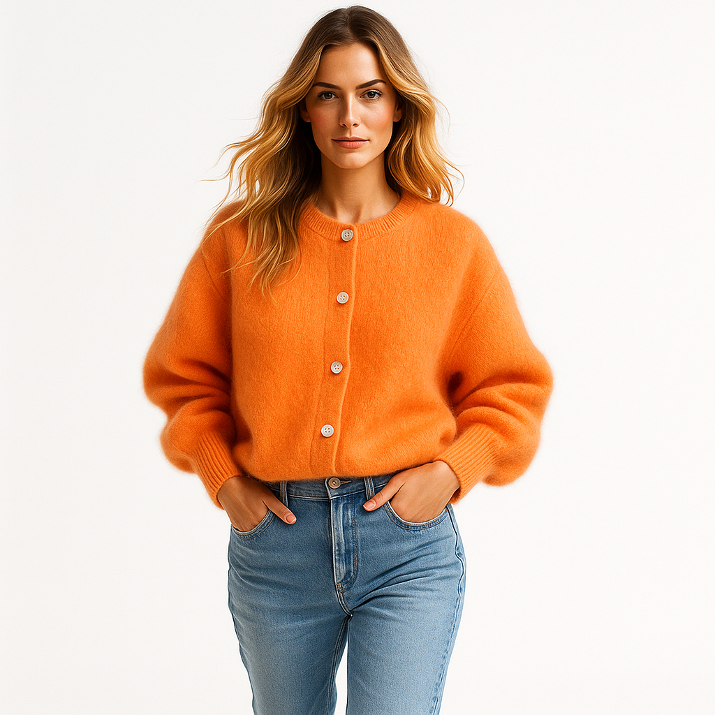 Chaqueta de punto para mujer con botones de nácar y cuello de pico elegante