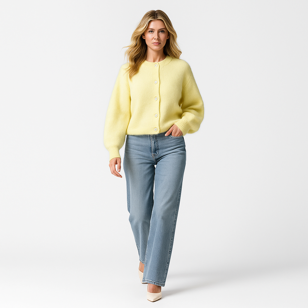 Chaqueta de punto para mujer con botones de nácar y cuello de pico elegante