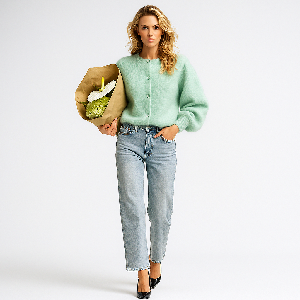 Chaqueta de punto para mujer con botones de nácar y cuello de pico elegante