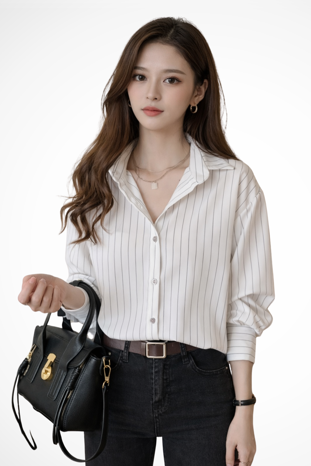 Camisa de Rayas para Mujer Manga Larga con Cuello de Solapa y Botones