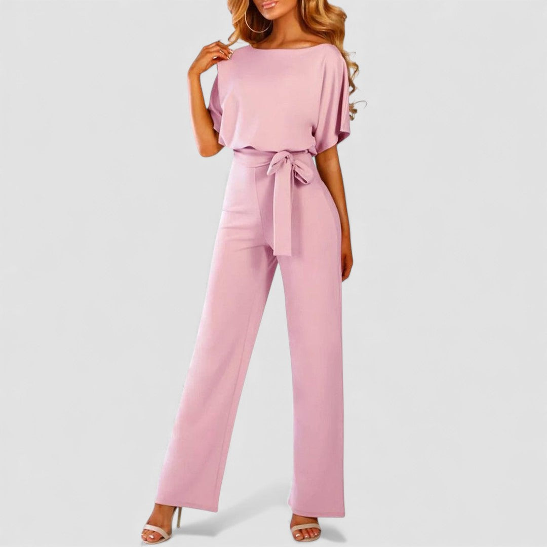 Combinaison longue jambes larges manches courtes évasées et ceinture pour femme